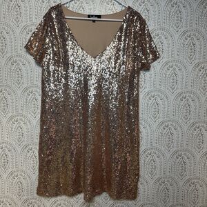 Lulu's Rose Gold Sequin V-Neck Mini‎ Dress Short Sleeve Size XL Party Sexy Hot
